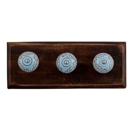 Turquoise Base Brown Leaf Flower Etched Ceramic Wooden Hooks
